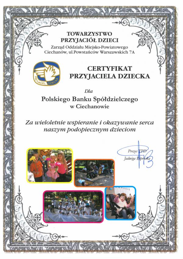 Certyfikat Przyjaciela Dziecka dla Polskiego Banku Spółdzielczego w Ciechanowie